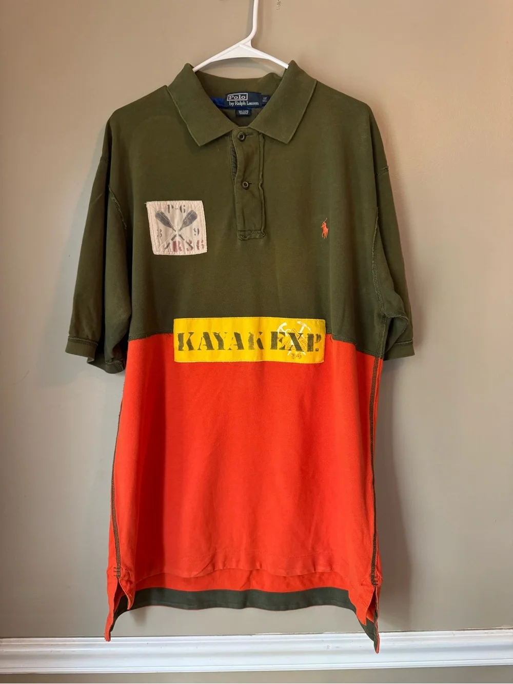 Ralph Lauren Men’s Olive, Orange & Yellow Colorblock Polo with Kayak Graphic